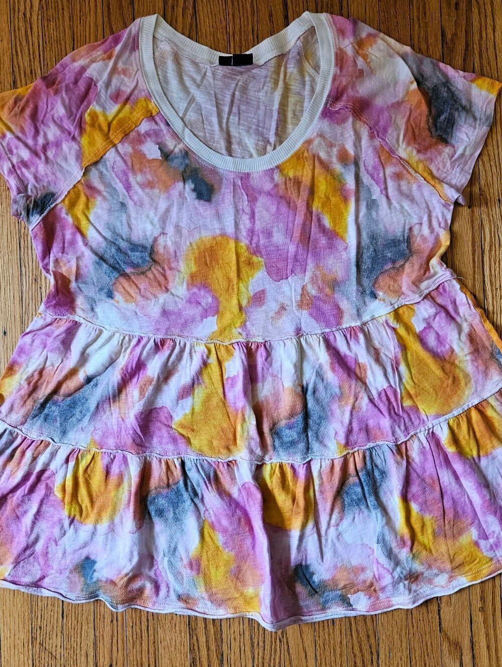 Torrid Watercolor Tiered Babydoll Top Size 0 Pink Yellow Boho